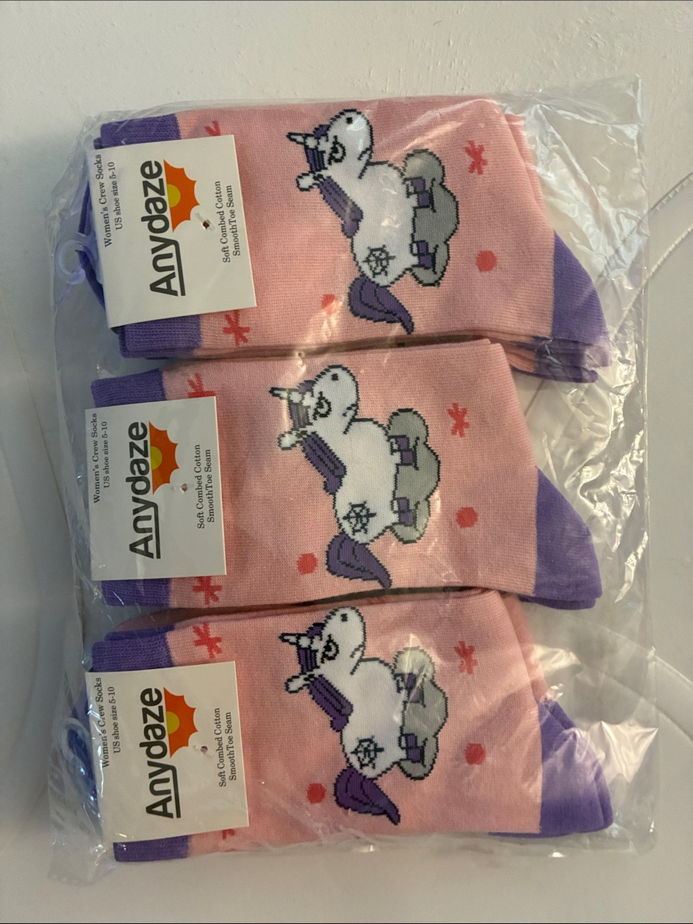 NWT 6-pack Unicorn Crew Socks with Purple Accents ANYDAZE Playful Women's
